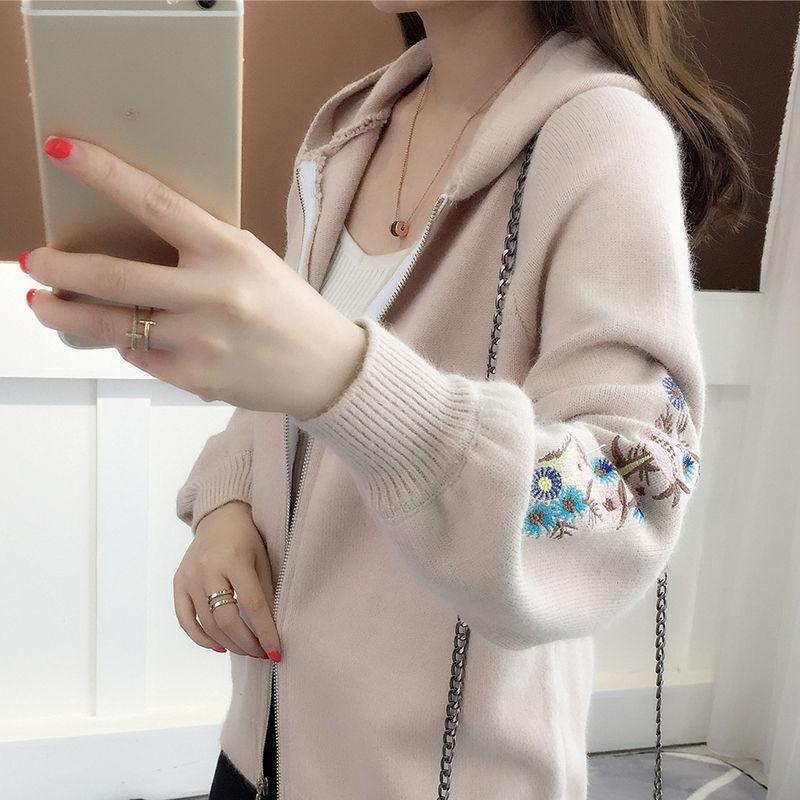 

Женский вязаный кардиган с вышивкой в виде цветов, короткий, с длинными рукавами, весенне-осенний свитер с капюшоном 3XL