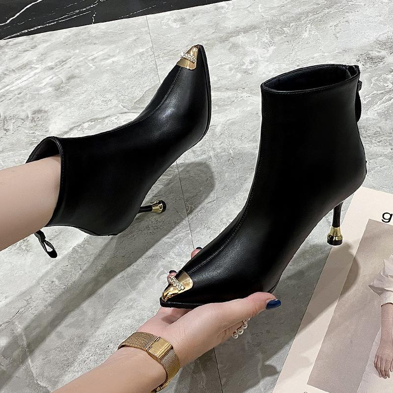 Cowhide 2025 Winter New Short Boots Women's Anti-kick Internet Celebrity High-heeled Fashion Boots Thin Heel Pointed Rhinestone Martin Boots