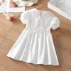 Girls Summer Solid White Princess Dress With Petal Collar Stylish Baby Girl Party Dress Elegant Short Sleeve Sundress For Kids