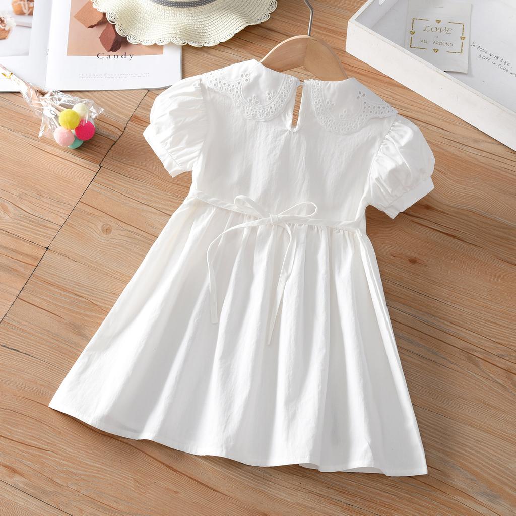 Girls Summer Solid White Princess Dress With Petal Collar Stylish Baby Girl Party Dress Elegant Short Sleeve Sundress For Kids