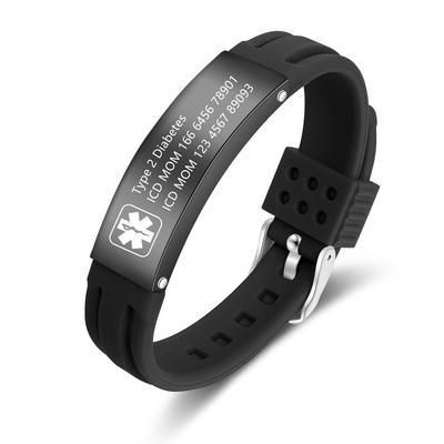 Pulsera personalizada para hombre, brazalete de acero inoxidable con identificación de alerta médica, ajustable, de gel de sílice, con grabado en la muñeca, regalo de joyería para hombres