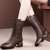 Fashion Brown Leather Middle Heel Half High Boots for Women 2025 New Mid Calf Shoes Woman Sale Cosplay Offer Trend Footwear on Promotion
