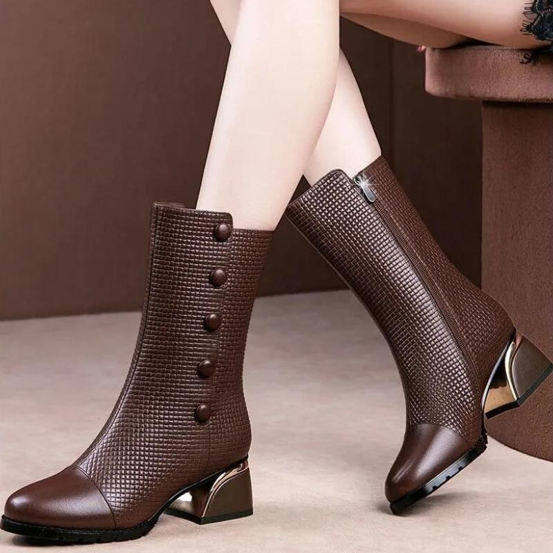 Fashion Brown Leather Middle Heel Half High Boots for Women 2025 New Mid Calf Shoes Woman Sale Cosplay Offer Trend Footwear on Promotion
