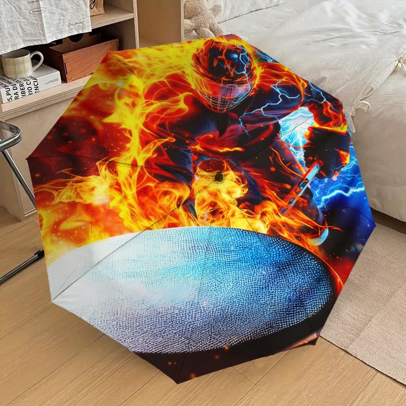 1pc Fire Hockey Pattern Umbrella Design Automatic Opening and Closing Umbrella, High-quality Travel Umbrella, c1128020