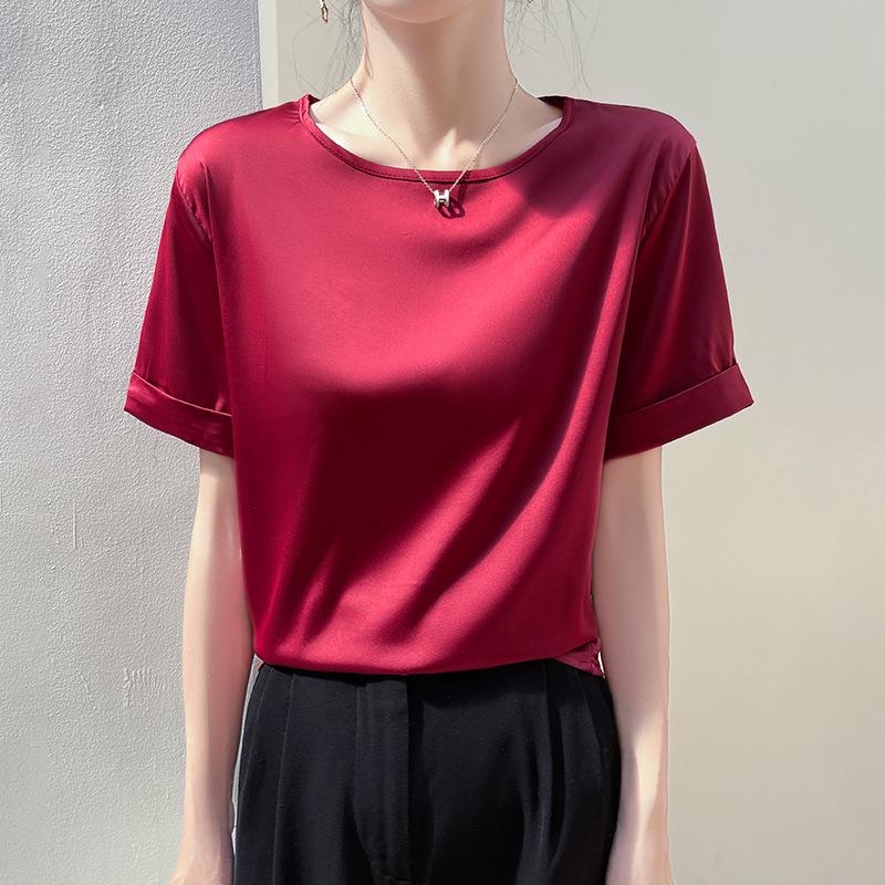 

Летняя женская рубашка большого размера свободного кроя из искусственного шелка с круглым вырезом и короткими рукавами M