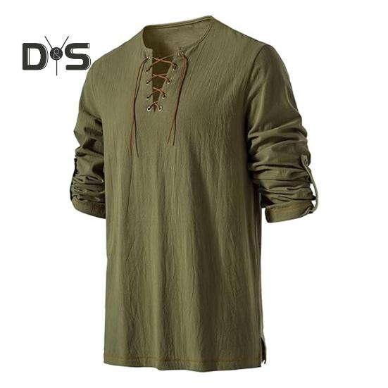 Pánské vintage šněrovací tričko s dlouhým rukávem a límečkem Henry, jarní podzimní jednobarevné tričko pro každodenní nošení, vystoupení, cosplay