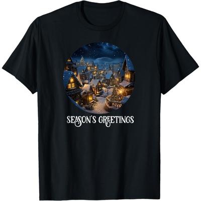 Serene Snowy Night Traditional Wintery Christmas Village T-Shirt