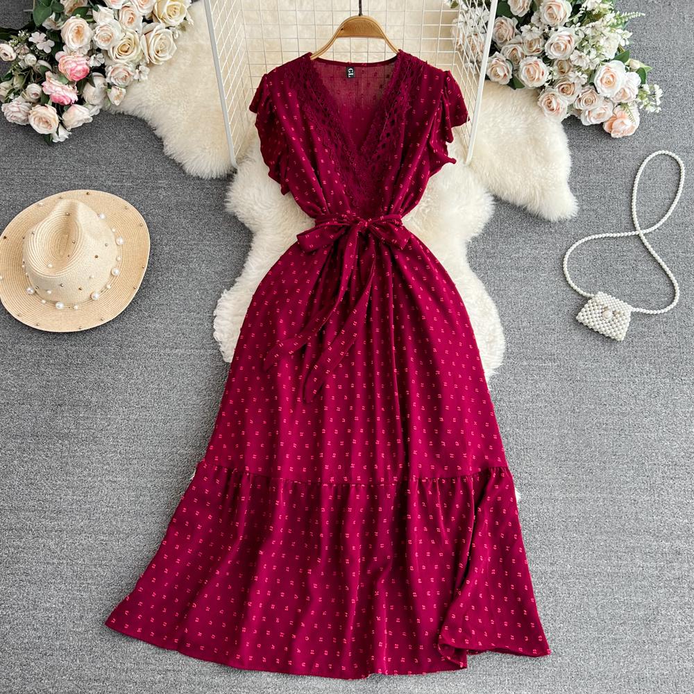 Letnia Polka Dot elegancka sukienka jednoczęściowa damska Vintage dekolt w serek sukienki z latającymi rękawami damska wysoka talia linia A patchworkowa sukienka plażowa 2024 nowość