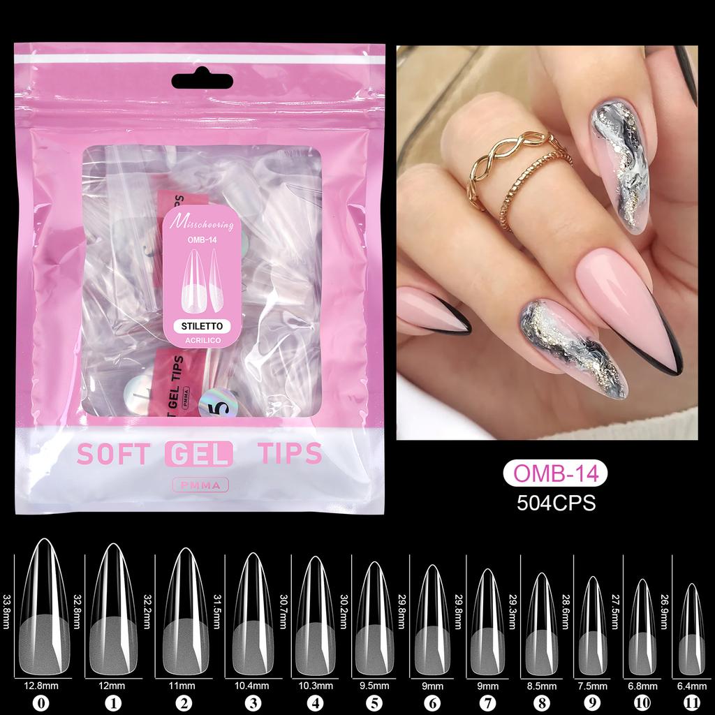 504 Stück Vollabdeckung Weiche Gel-Nageltips Stiletto Mandel Sarg Halbmatt Französisch Falsch Soak Off Aufdrücken Nagelverlängerungsspitzen Kapsel