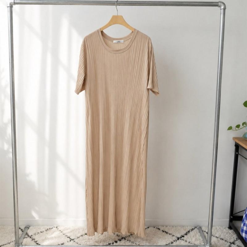 Shop Women Loose Fit Round Neck Pleats Cooling Long Dress Light Pink Ll Wdr 52