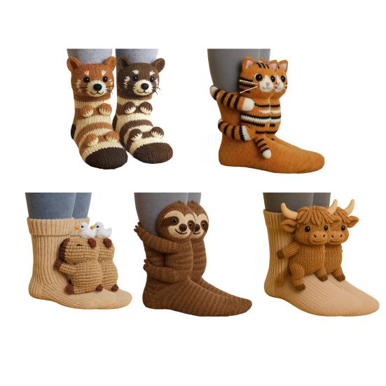 גרביים סרוגות תלת-ממדיות עם חיות, עבודת יד, עצלן, בובת פרה מההיילנד, גרבי צוות, חמודות, חמות, עבות, גרבי רצפה, מתנה ליום הולדת, לפסטיבל