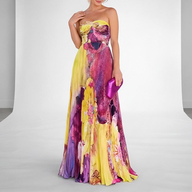 2026 Women s Spring New Arrival: Amazon Cross-border European and American Dress, elegant and elegant printed strapless dress S