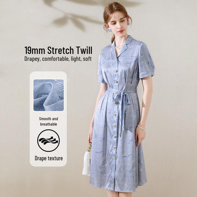 TUHUANG Women s 19 Momme Silk Printed Tie-Waist Midi Dress 2XL