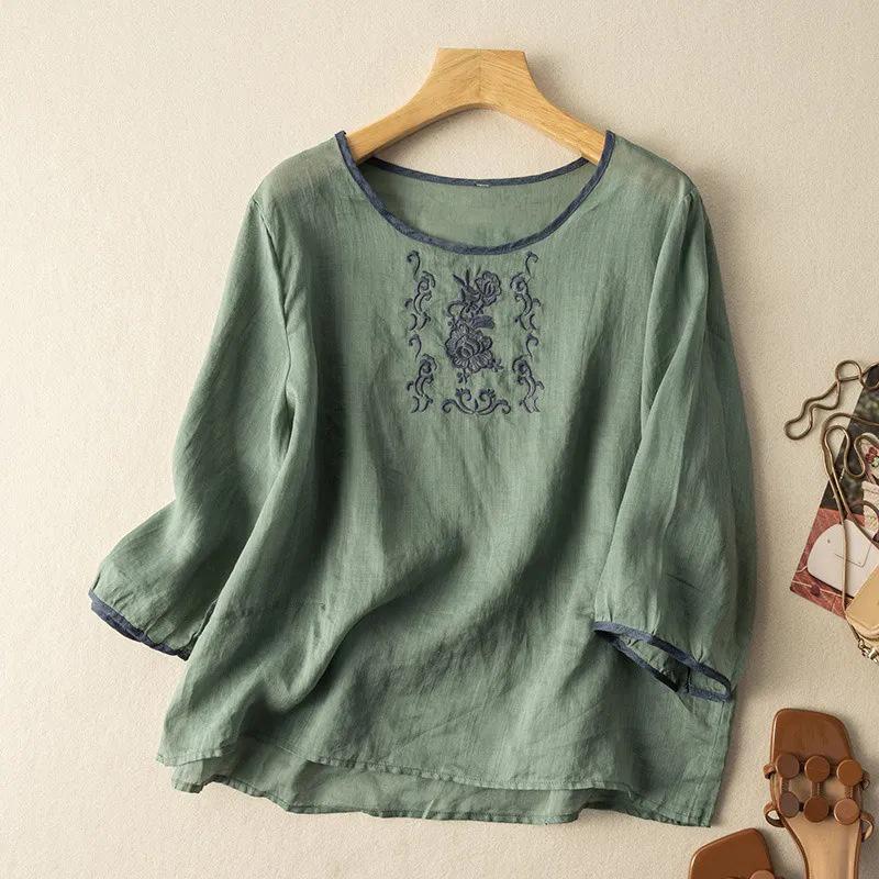 2024 Chinese Style Embroidered Three-Quarter Sleeve Cotton-Linen Pullover