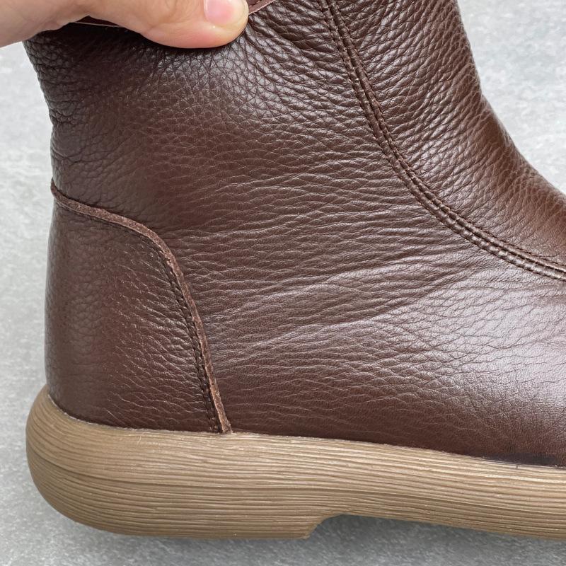 Johnature Genuine Leather Cotton Boots Handmade Retro Flat Round Toe Soft Cowhide Wool Women's Short Boots