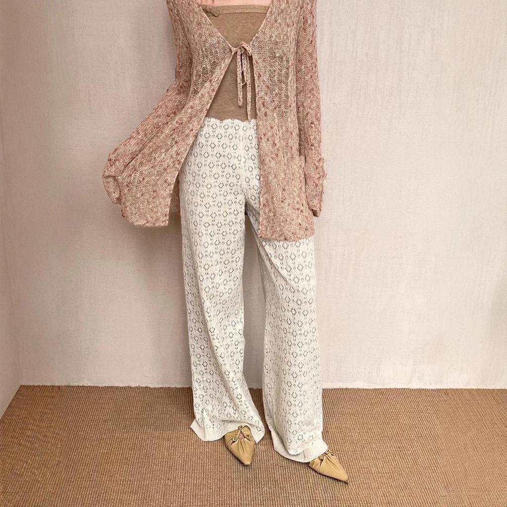 Spring Arrival: Marled Yarn Tie-Up Cardigan & Hollow-Out Cashmere Pants Set