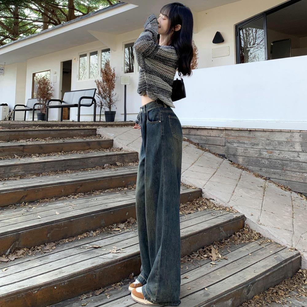 Sweet and Spicy Korean Version of Cement Gray Denim Wide-leg Pants High Waist Loose and Thin Pleated Design Straight Mopping Pants