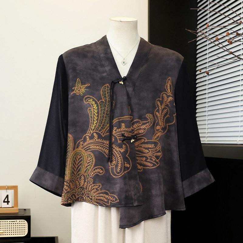 

Mom s Chiffon Seven-Sleeve Shirt Summer Set - Elegant Outfit for Middle-Aged & Elderly Women at Weddings 4XL (Approx. 67.5-75 kg)