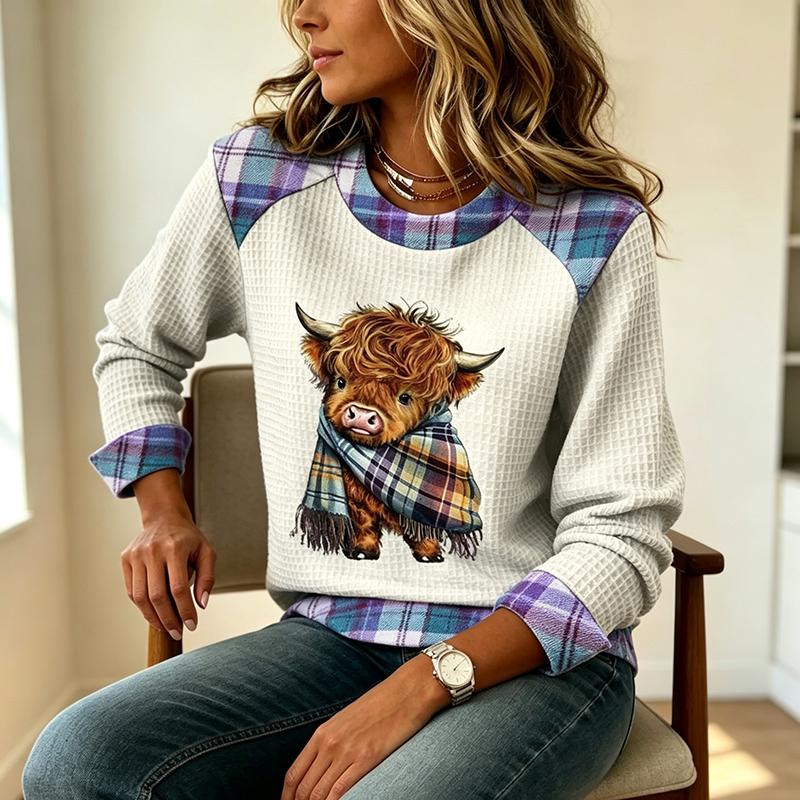 Highland Cow Plaid Scarf Print Waffle Crew Neck Top Women Raglan Sleeve Casual T Shirt Top
