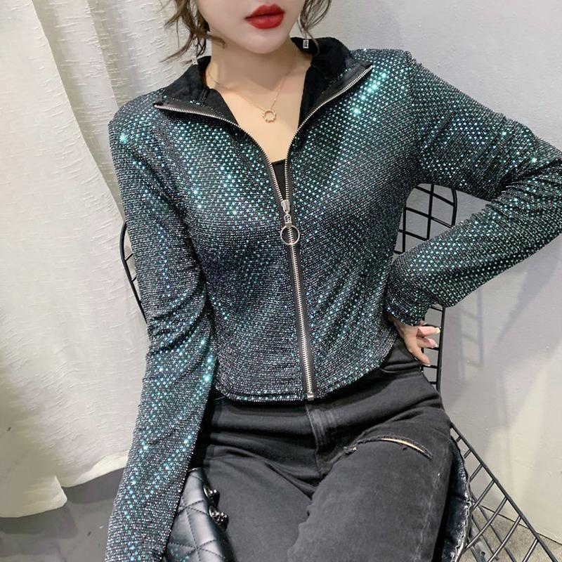 Fashion Glitter Sequined Short Jacket Women Slim Sexy Long Sleeve Zipper Coat Spring Autumn