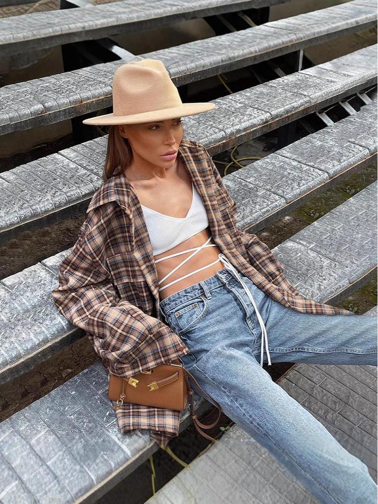 2024 A/W Women's American Retro Plaid Polo Collar Loose Shirt