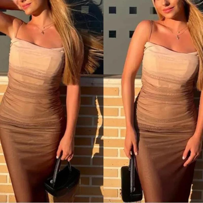 Women's Gradient Printed Tulle Halter Midi Dress Fashion Sexy Backless Spaghetti Strap Dress Summer Party Slim Dresses