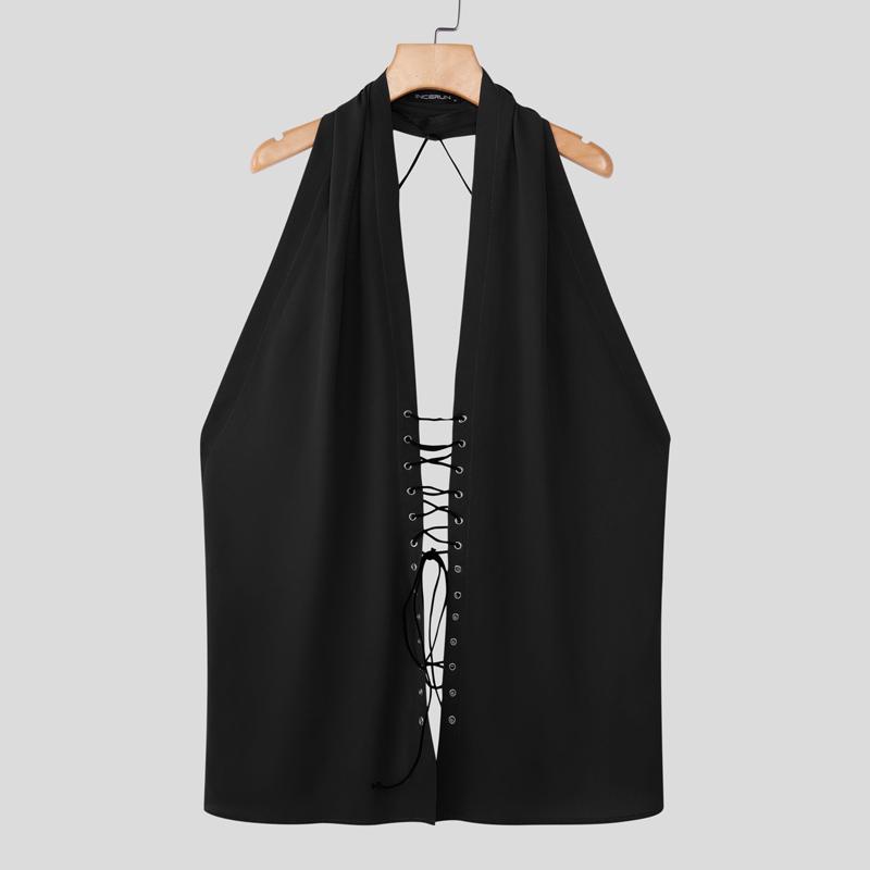 INCERUN Men Halter Neck Sleeveless Bandage Backless Party Basic Tank Tops Camisole S чёрный