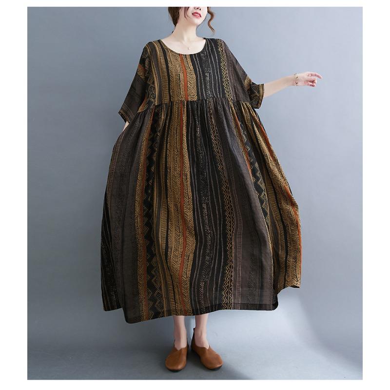 Summer Retro Age Reducing Ethnic Style Round Neck Short Sleeve Big Swing Striped Women's Plus Size Dress