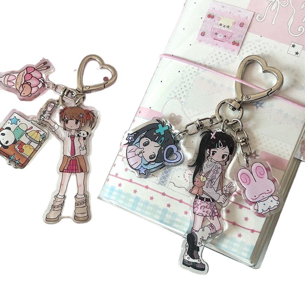 Retro Creative Design Cartoon Cute Girl Y2k Style Sweet Keychain Pendant Charter Key Accessories Gift for Friends' Birthdays