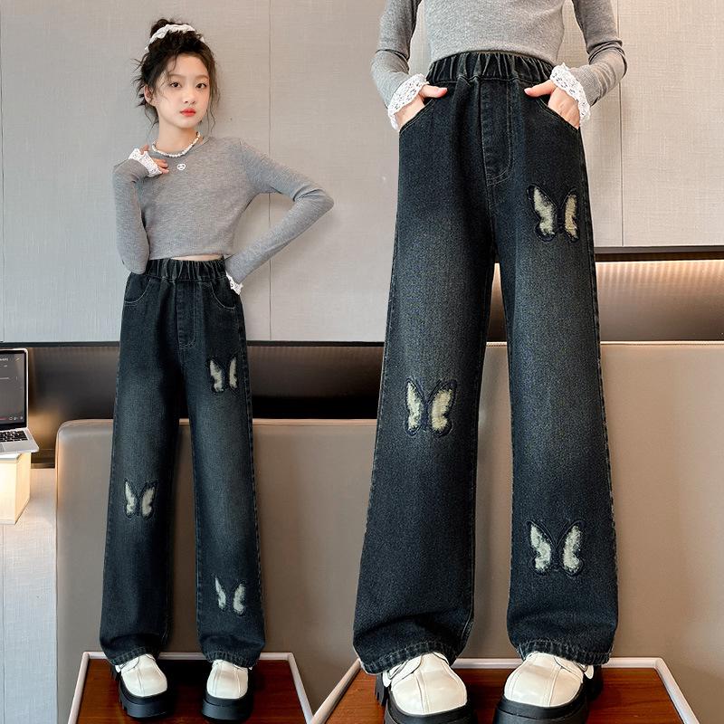 

Осень 2025 Джинсы для девочек широкие с вышивкой Бабочки (Возраст 6-15 лет) 130cm