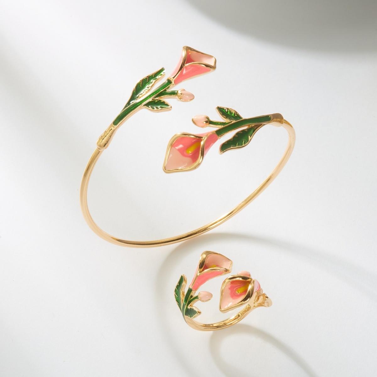 

Enamel Lily Flower Opening Bangle Ring Set Ocean Wedding Party Holiday Trendy Sweet Fresh Tulip Floral Jewelry Set For Women Men