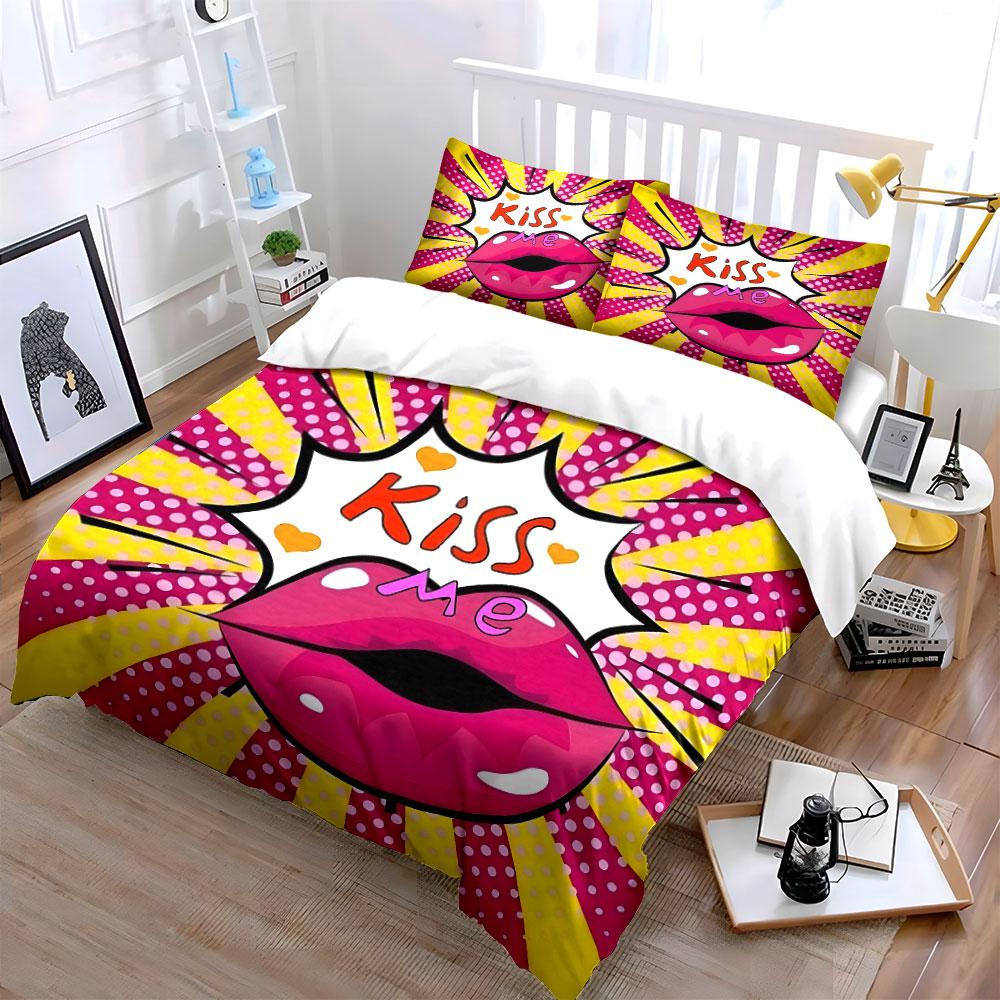 Pop Art Style Romantic Gift Set  Kid'S And Adults' Bedroom Decor, Exquisite Three-Piece Bedding Set Gift