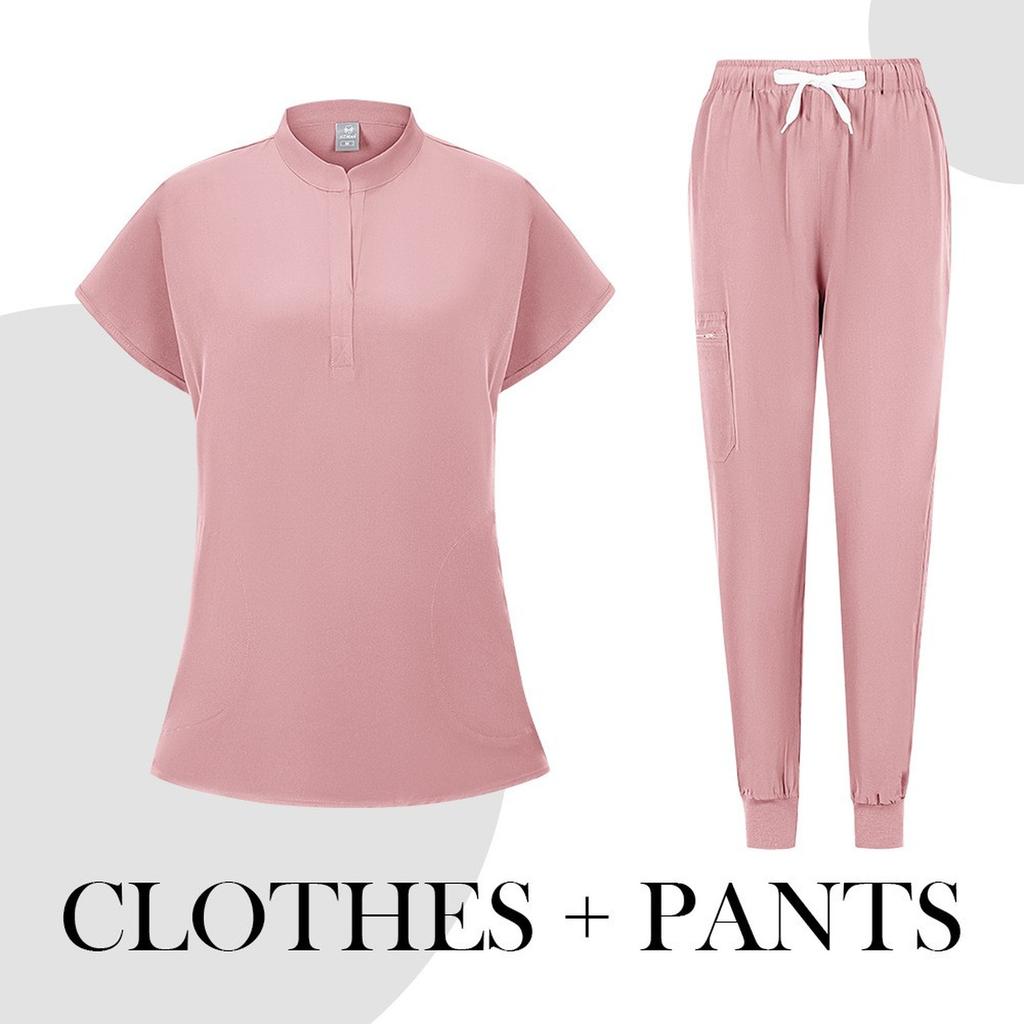 Women's Quick Drying Fabric Solid Color V-neck Pocket Short Sleeved Pants Set Workwear