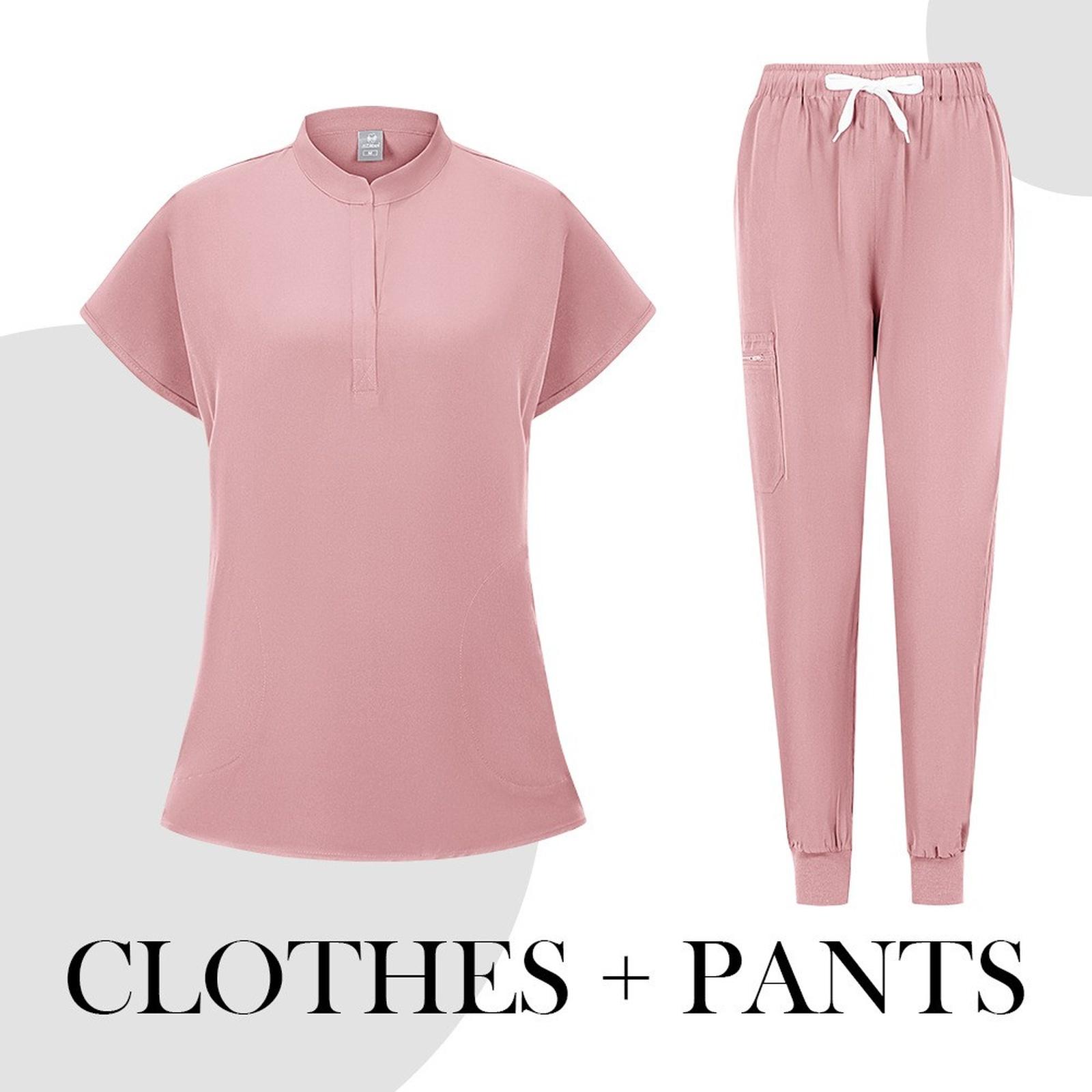 

Женский быстросохнущий однотонный комплект брюк с короткими рукавами и V-образным вырезом, рабочая одежда S розовый