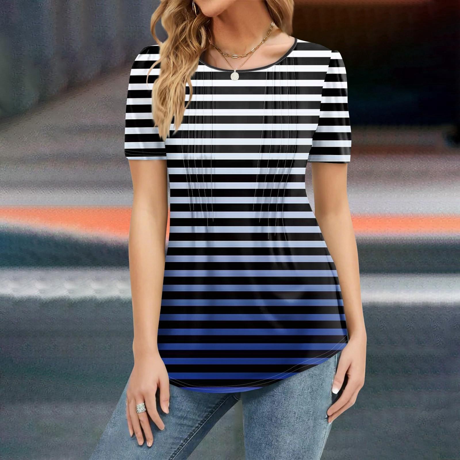 

Женская мода повседневная полосатая рубашка с коротким рукавом и принтом, свободный джемпер XXL циан