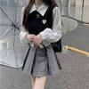 Knitted Patchwork Blouses Women Korean Fashion Cute Preppy Style Long Sleeve Shirt Fake Two Piece School Girl Crop Tops