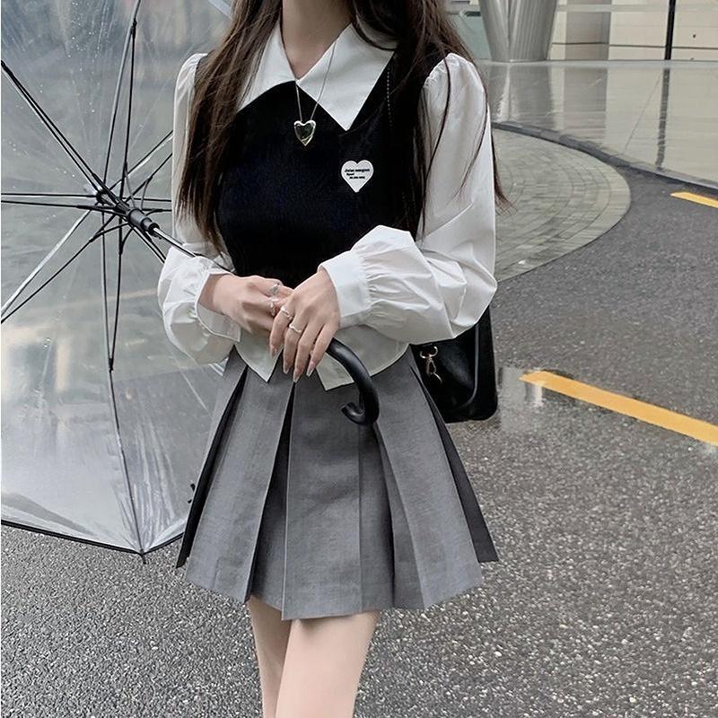 Knitted Patchwork Blouses Women Korean Fashion Cute Preppy Style Long Sleeve Shirt Fake Two Piece School Girl Crop Tops