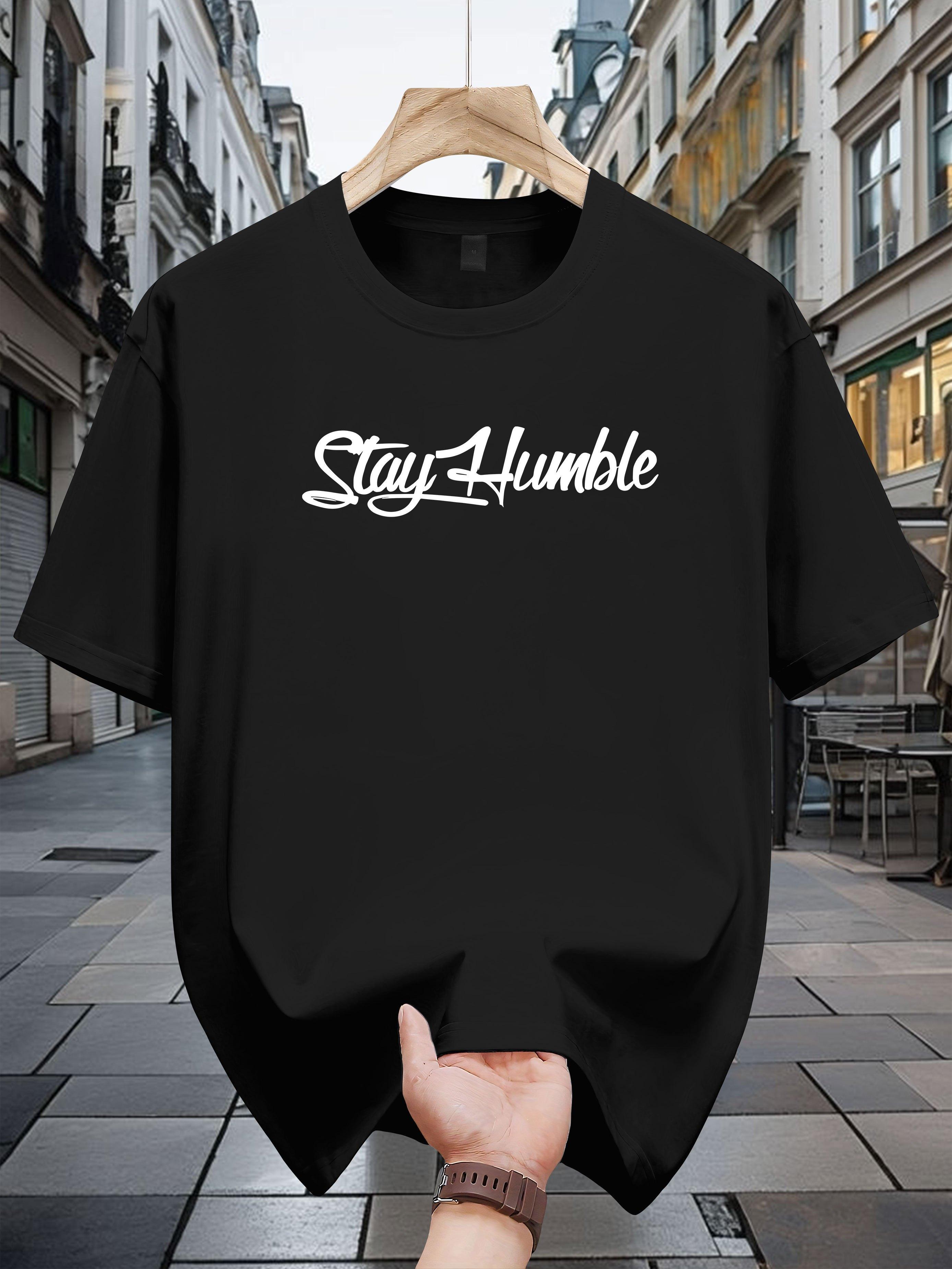 200g 100% Cotton Stay Humble Graphic Print T-shirt - Navy Blue Casual Short Sleeve Round Neck Summer Tee S
