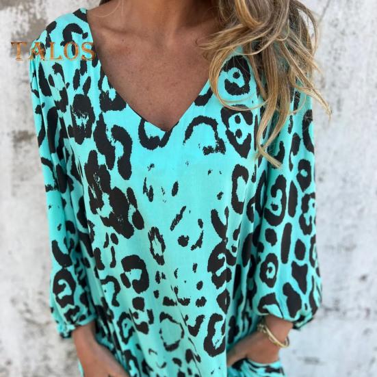 Women's Leopard Print Dress V-Neck Long Sleeve Maxi Dress Casual Loose Fit Spring Summer Dress for Office Daily Wear Vacation Party