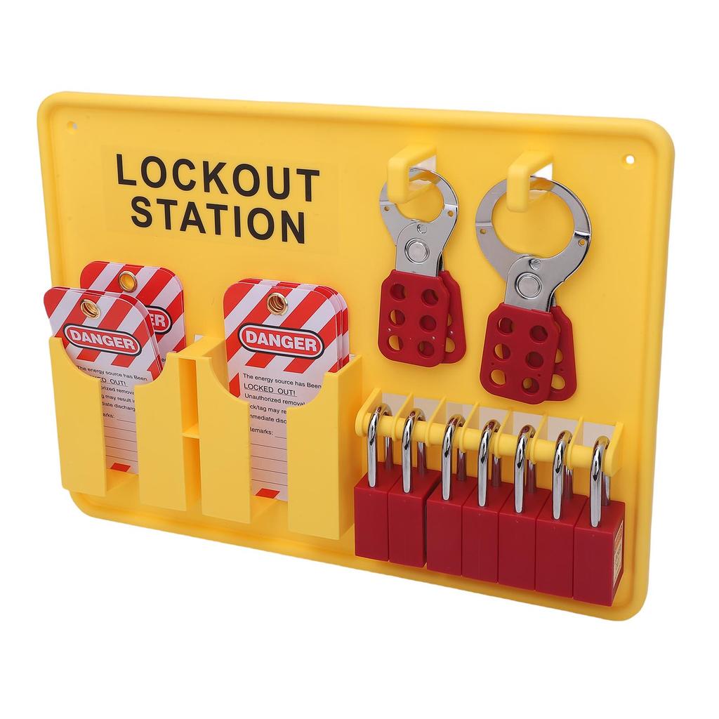 Lockout Tagout Station Kit PC PA Wall Mount Industrial Safety Lock Board Set with 10 Tags 2 Hasp Lock Yellow