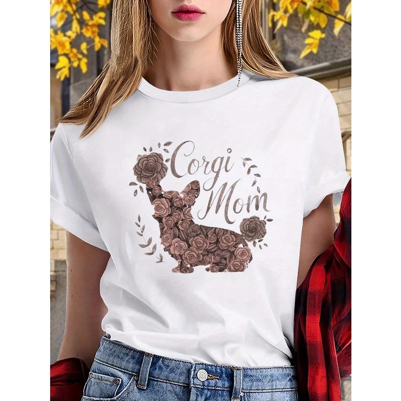 

Женская футболка с цветочным принтом для мамы корги, европейский размер C, из полиэстера - Удобный крой, круглый вырез, повседневный стиль, можно стирать в машине S белый