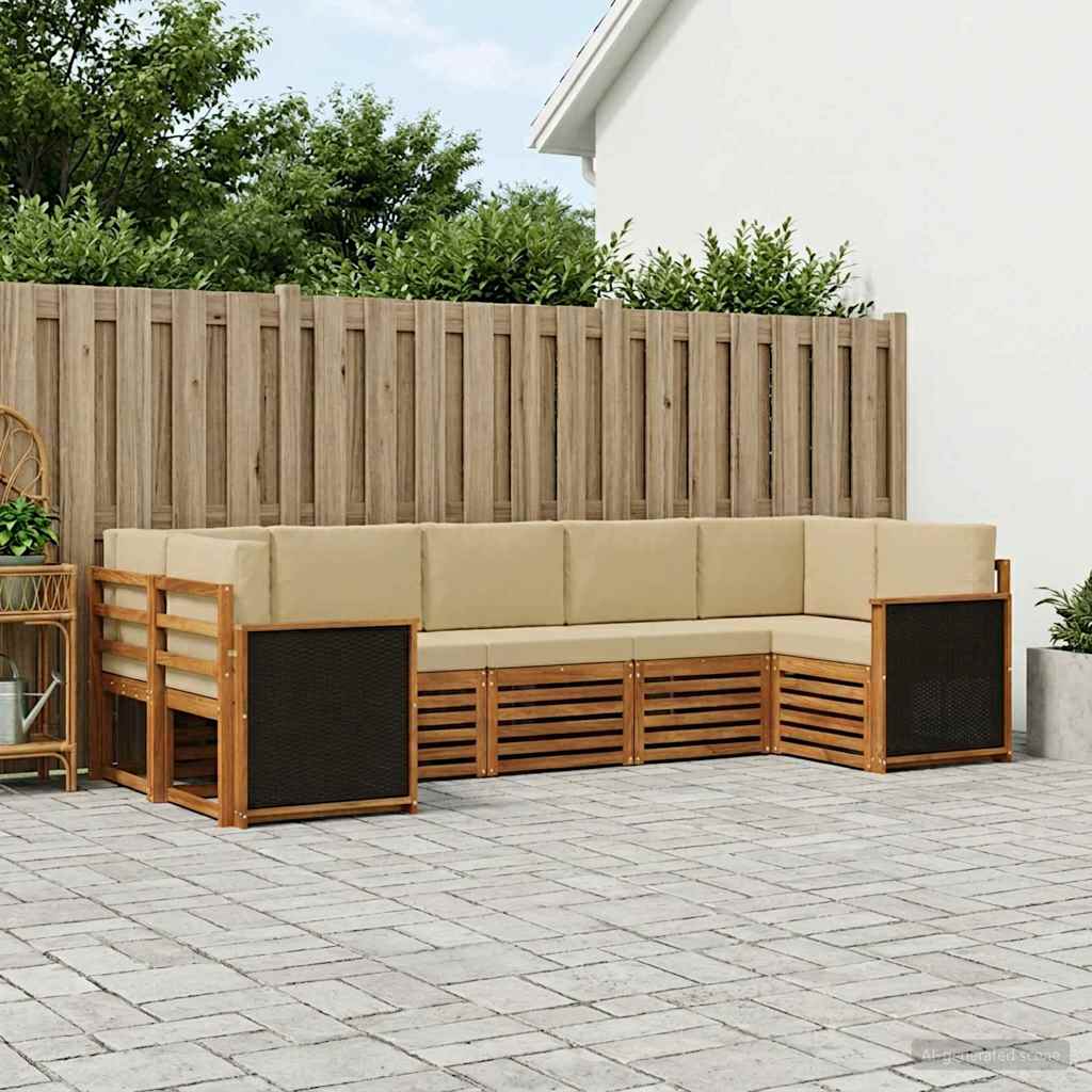 Modular Outdoor Sofa Set 6 Pcs Natural Solid Acacia Wood & Polyester