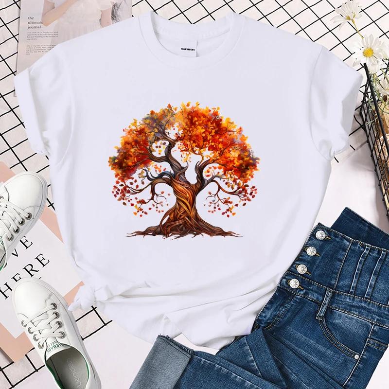 

Футболки с принтом «Осеннее дерево» для женщин, летние модные повседневные женские топы с коротким рукавом и круглым вырезом XXXL золотой