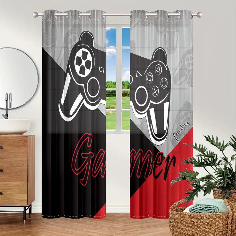 

2 шт., шторы в виде игрового контроллера - обработка люверсов - гостиная, спальня, украшение дома - черный, красный и серый W150CM H166CM&Grommet Top