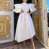 Women's Mock Neck Short Double Ruffle Sleeve Midi Dress Loose Fit High Waist Asymmetrical A-Line Dress