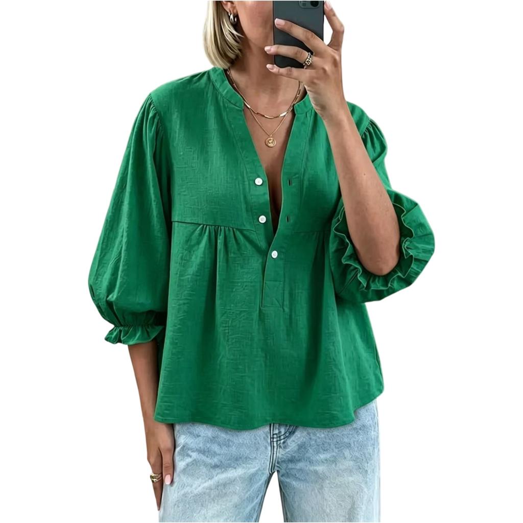 Women's Button Front Blouse Linen Cotton Blend Balloon Sleeves Puff Sleeve Top Casual Loose Fit Shirt