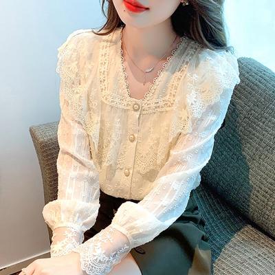 Mode Neu Frühling Herbst Langarm Spitze Rüschen V-Ausschnitt Chiffon Bluse Hemd Damen Oberteile J367