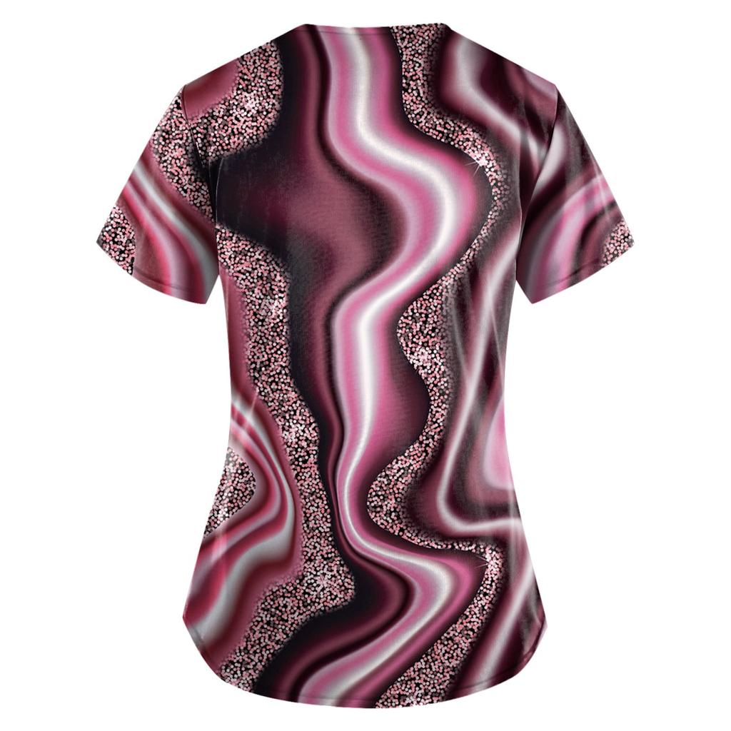 Frauen Mode Frühjahr Und Sommer Ölgemälde Druck V-ausschnitt Kurzarm Arbeitskleidung Mit Taschen Tops