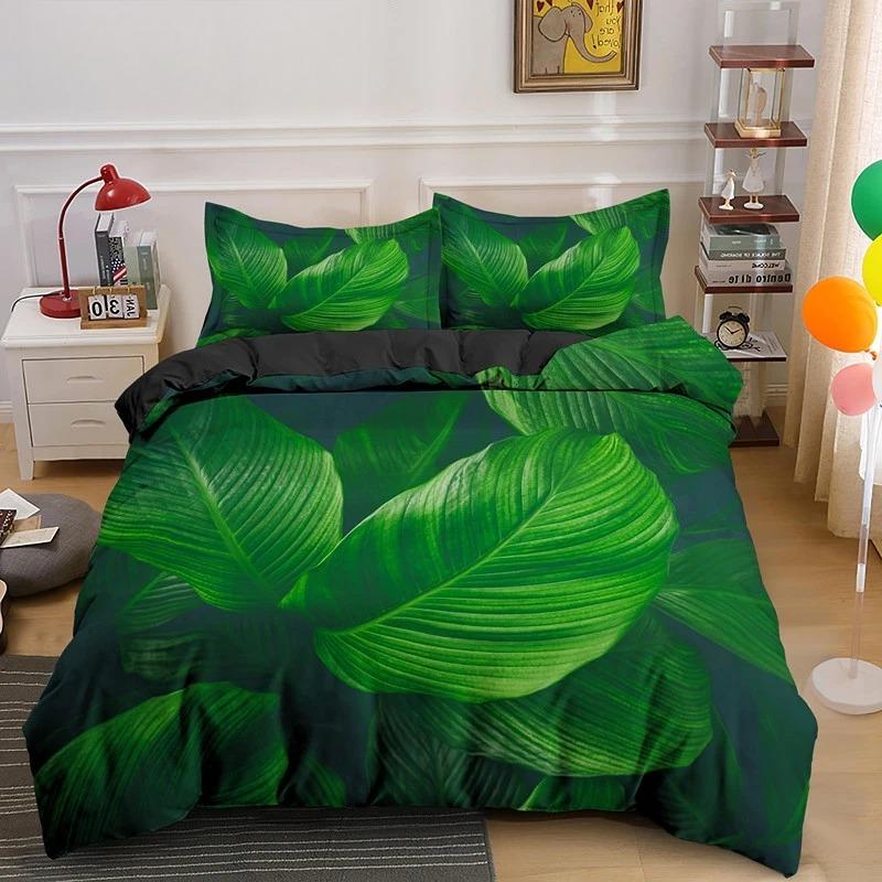 Nature Tropical Green Leaves King Queen Bedding Set Rainforest Jungle Plant Duvet Cover 3D Botanical Polyester Comforter Cover