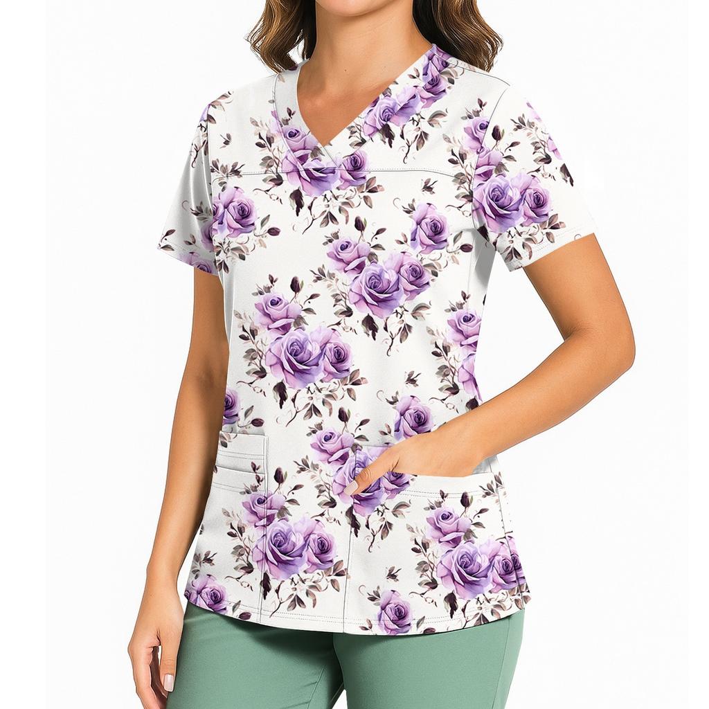 Kvinners avslappet trykket V-hals lomme sideslisse kortarmet topp kortarmet topp